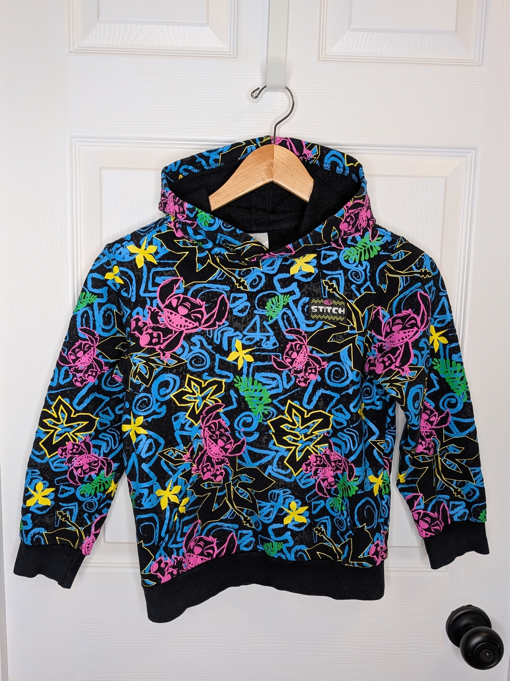 Disney Lilo & Stitch Black Hoodie Neon Pink Blue Yellow Green Print Kids 7/8